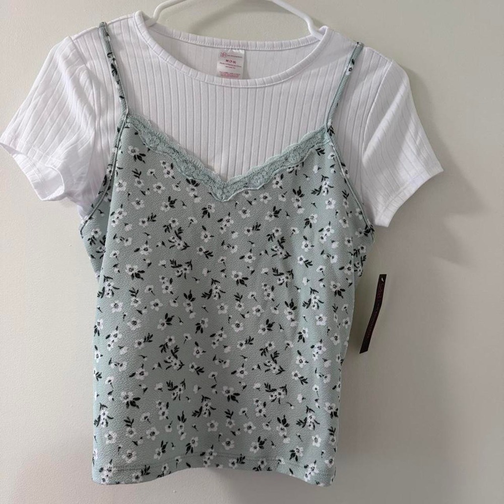No Boundaries Crop Top Set Womens M White Blue NWT Floral Ribbed 2-Piece Cami